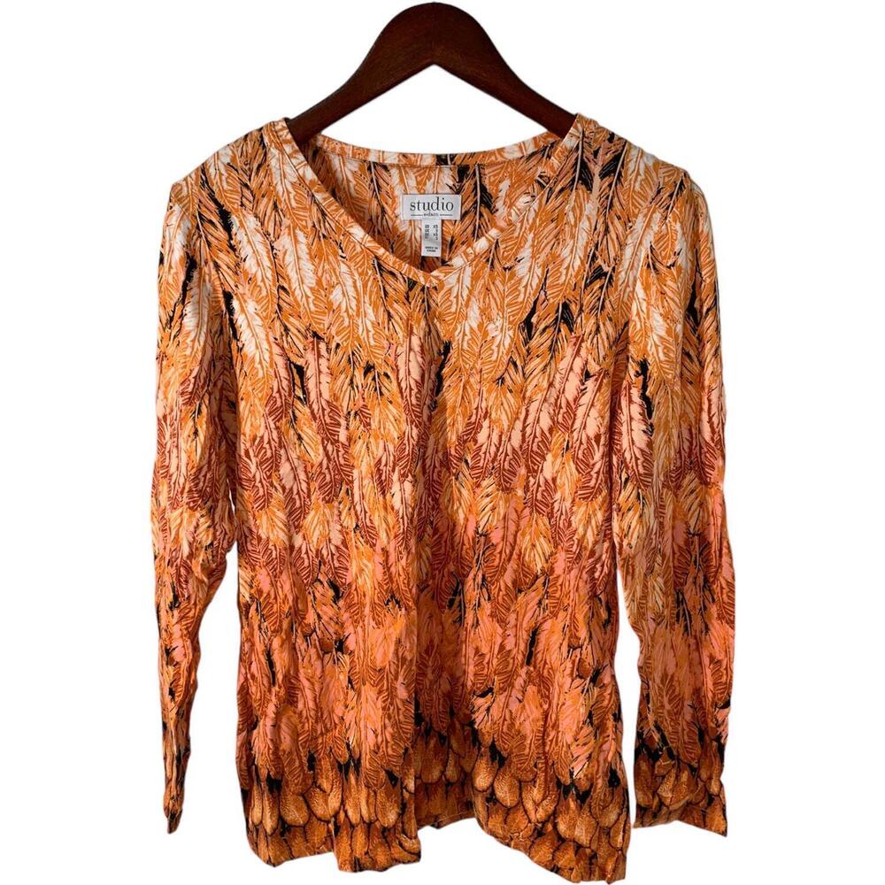 Studio by Denim & Co. Feather Print Long Sleeve V-Neck Orange Multi - Regular